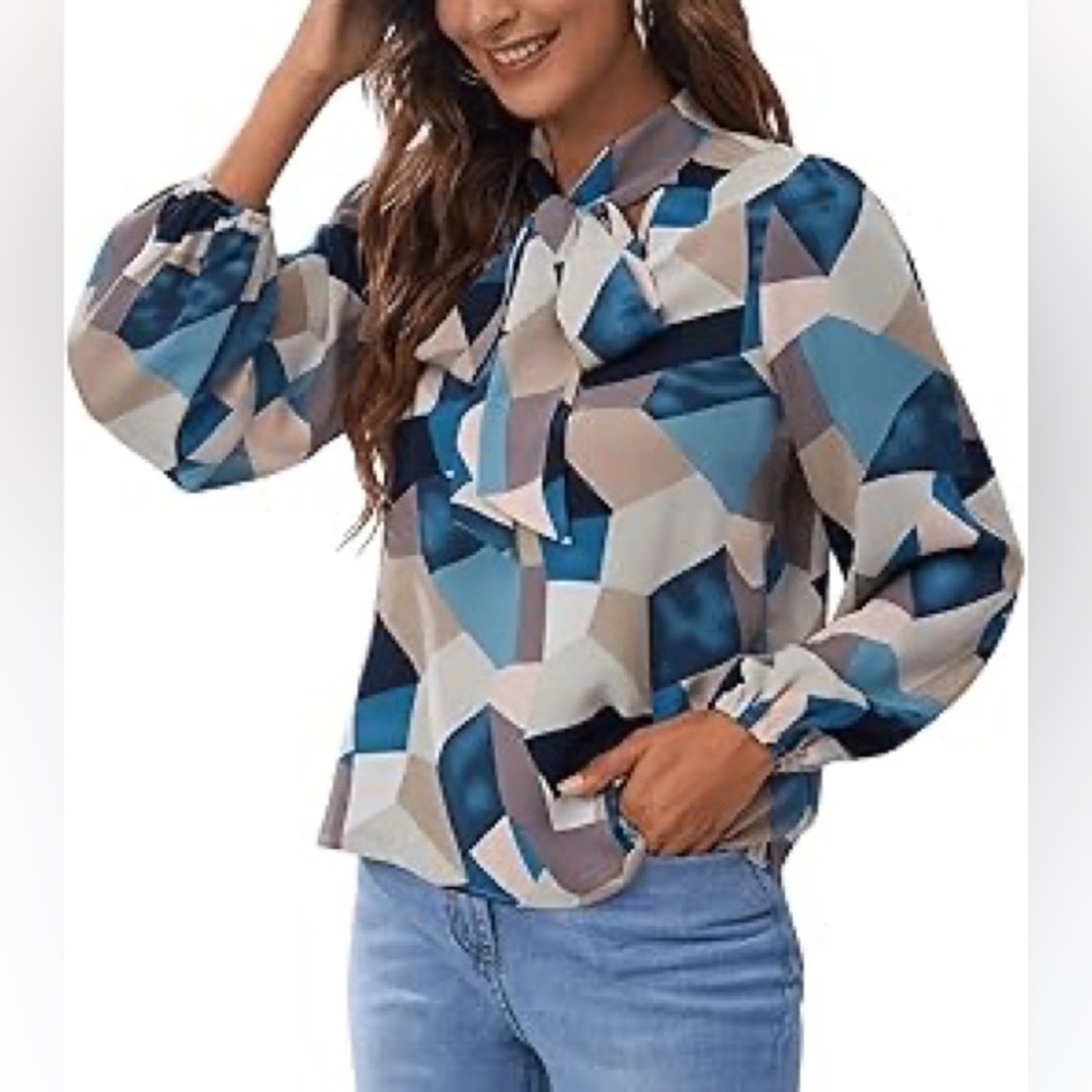 Women's Bow Tied Neck Colorblock Print Lantern Long Sleeve Blouse Top